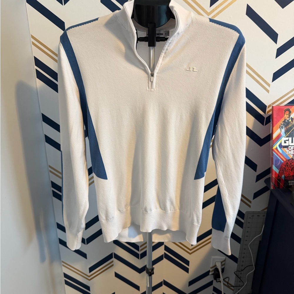 J.Lindeberg Golf White and Blue Zip-Up Sweater